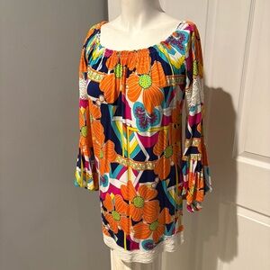 Women’s Mackbeth Collection Bright Floral Off-Shoulder Tunic - Orange Multi S/M